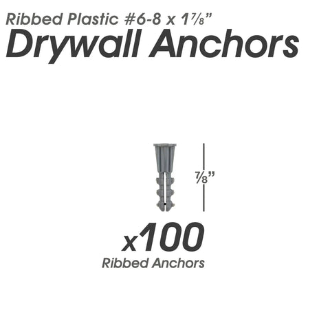 Light Duty Drywall Anchors Kit for Hollow Walls with Ribbed Plastic Anchors for Secure Picture Frames Artwork and Light Duty Mounts Simple Install Prevents Screw Pullout Great for Home Decor Qualihome, image showing ribbed plastic anchors and measurements