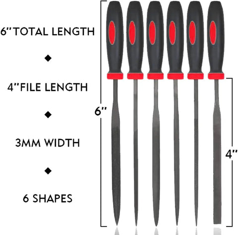 Deburring Tool Set for 3D Printing and Plastic Models with 18 Piece Blade Pack, showing 6 Piece Needle File Set with measurements.