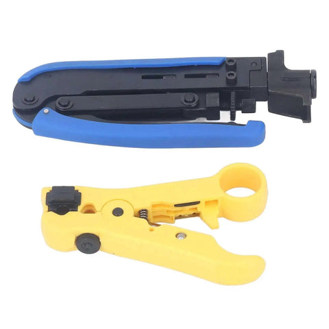 Pro Grade Coaxial Cable Crimp And Strip Kit With 10 RG6 F Connectors And Adjustable F Head, blue and yellow tools on white background