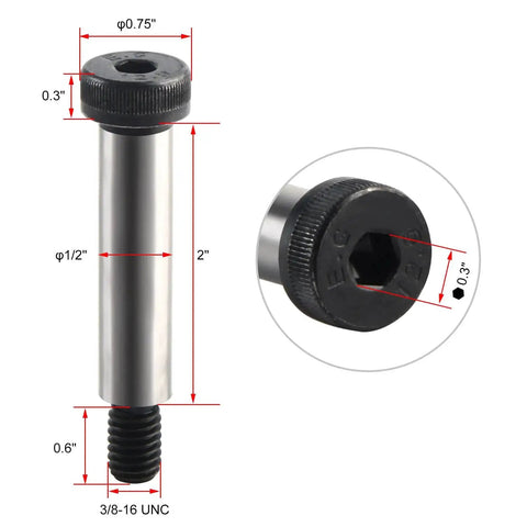 Two Pack Alloy Steel Shoulder Bolts With Half Inch Shoulder Diameter And Two Inch Length, Three Eighths UNC Thread, Hex Socket Head