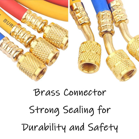 Three color-coded refrigerant charging hoses with brass knurled fittings in red, yellow, and blue