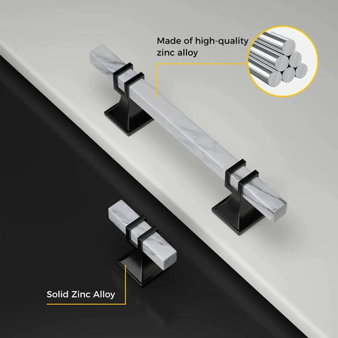 Marble Drawer Pulls and Knobs 10 Pack White Marble and Black 5 Inch Hole Center T Bar Hardware for Kitchen Cabinets Dresser