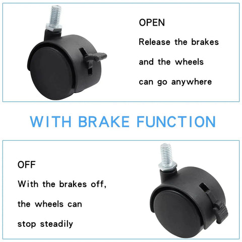 5 Pack 1.5 Inch Nylon Caster Wheels With M8 Threaded Stem And Brakes For Carts And Coffee Tables, showing brake function