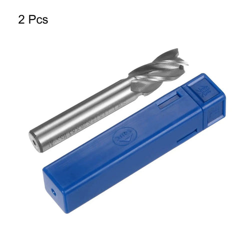 Image of 14x12x26x83 mm Helical Groove 4 Flute HSS AL End Mill and blue package, 2-pack for rough milling and slotting in aluminum and steel.
