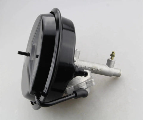 Brake booster with hydraulic master cylinder, side view, black round booster, silver mounting assembly