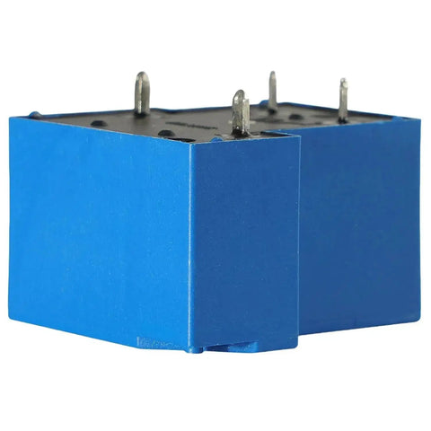 Compact 12V DC General Purpose Relay With 30A NO Switching, Four Pin Coil, Sealed Design in blue housing, side view