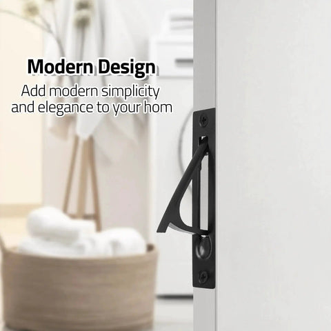 Two Pack Recessed Pocket Door Edge Pull Handles In Matte Black installed on white sliding door with modern design backdrop.