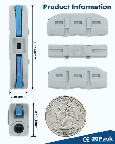 20-pack Eugiichr lever wire connectors for inline push-in terminals; blue levers on gray housings.