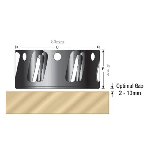Diagram showing ER40 Dust Chip Extraction Nut dimensions with 80mm width and 40mm height, optimal gap 2-10mm for woodworking CNC tools.