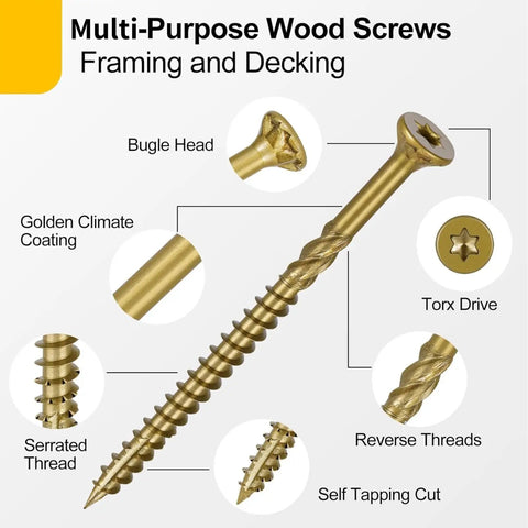 Multi-Purpose Wood Deck Screws Number Nine By Two And A Half Inch Bugle Head Golden Coating T25 Torx Star Drive features