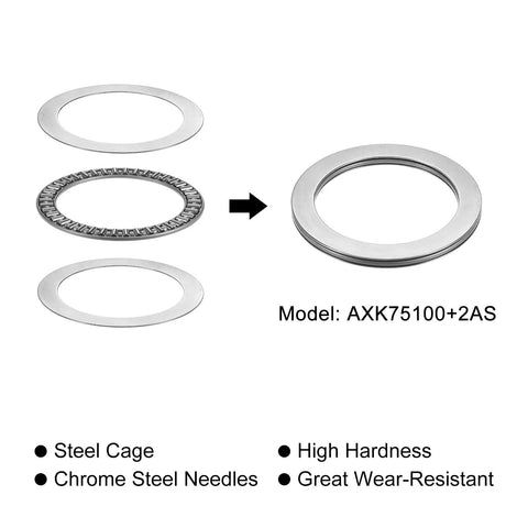 uxcell AXK75100 thrust needle roller bearing with washers, 75mm bore, 100mm OD, 4mm thick, 2 pcs