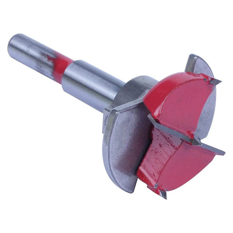 Front view of Beefy Hinge Boring Drill Bit Set For Wood Carpentry 35mm Position Carbide Tool With Removable Strongback Die Cast Guide Ideal For Handheld Drills Drill Press And Table Drills Fast Chip Removal And Precise Boring By Retyly.