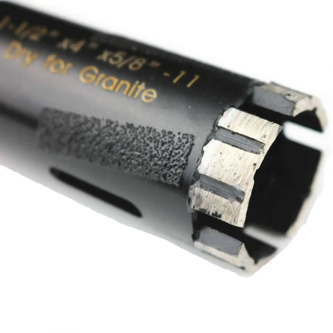 Close-up of Dry Diamond Core Drill Bit for Granite Quartz and Engineered Stone One and One Quarter Inch with Five Eighths Inch Eleven Thread Arbor 105 Millimeter Length Vacuum Brazed Diamonds for Fast Smooth Holes Pro Grade Quality