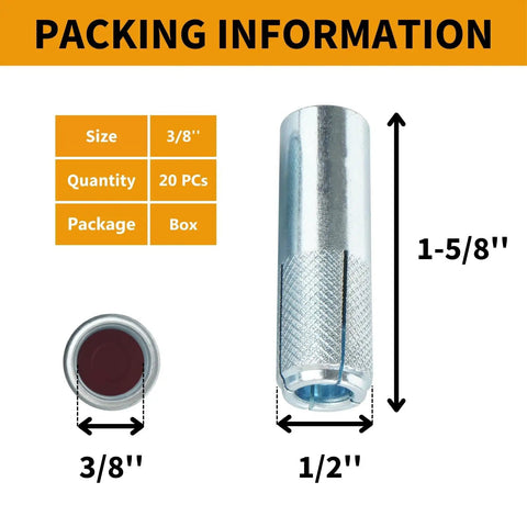 Drop In Anchors 20 Pack Three Eighths Inch 16 Thread Zinc Plated For Concrete dimensions and packaging details
