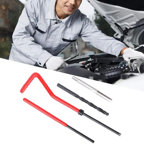 Mechanic using Thread Repair Kit M4x0.7 Stainless Steel Twisted Drill Wrench Threaded Inserts for car engine repair
