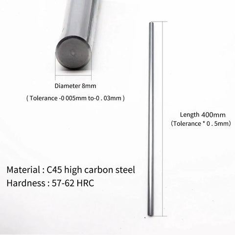 Four Pack 8 mm By 400 mm Case Hardened Chrome Linear Rods For 3D Printers DIY CNC Machines Precision Shafts With Chrome Plating Hrc 62 Tolerance From 7.97 To 7.995 Mm shown with dimensions and material details.