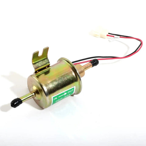 12V Universal Inline Fuel Pump Low Pressure 2.5 To 4 PSI, 30 GPH, 8mm Hose in gold metallic finish with attached wires