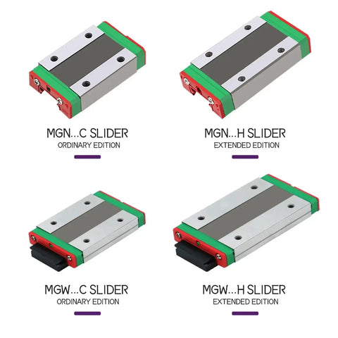 Four types of Guideway Linear Slide Bearing Block for MGN12CH and MGW12CH Carriage Block for 3D Printers and CNC Machines.