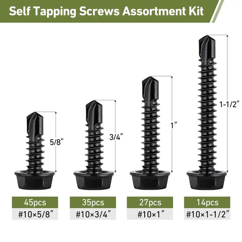 Black Zinc Stainless Self Tapping Screws Set, 121 Piece, 410 Stainless, Self Drilling For Metal, Hex Washer Head, Black Finish