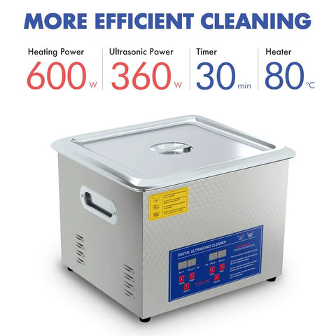 15L stainless steel heated ultrasonic cleaner with lid and blue control panel for guns, carburetors, injectors, and PCBs.