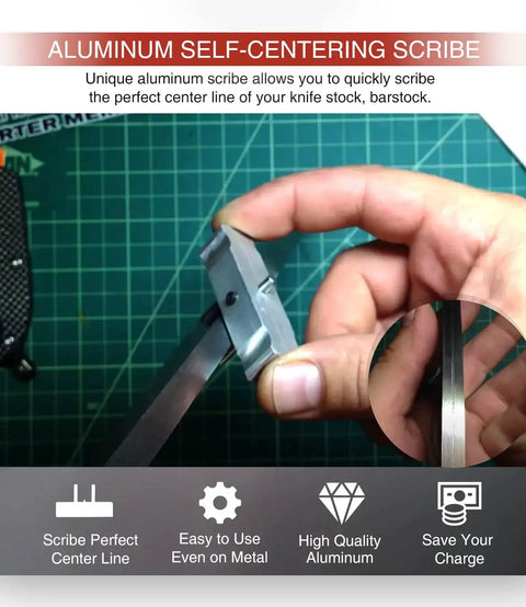 Hand holding an Aluminum Self Centering Scribe Doweling Jig For Marking Centerlines On Knife Stock Barstock Wood And Metal With Stainless Steel Guides By SixCow