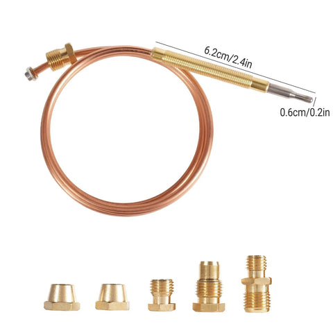 Gas thermocouple kit for kitchen with 900mm copper tube and universal adapter nuts, M6x0.75 and M9x1 fittings