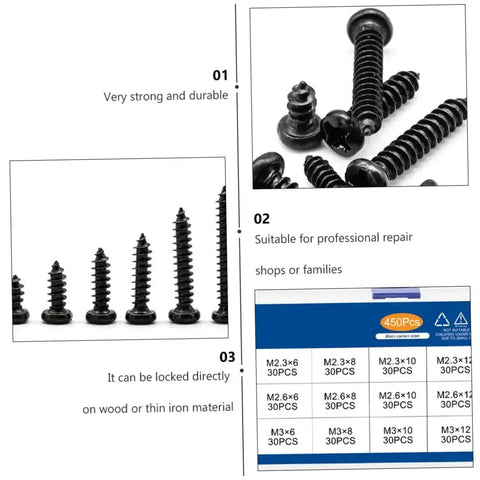 Image showing contents of 450 Piece Black PA Cross Head Round Self Tapping Screws Kit For Electronics And Furniture Repairs Miniature Screws Set Easy To Use Durable DIY Home And Pro Tools with varying screw sizes and packaging details.