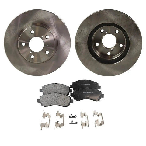 Front brake rotors and pads kit for Subaru Impreza/Legacy (1997-2000); includes 2 rotors, 2 pad sets, and hardware