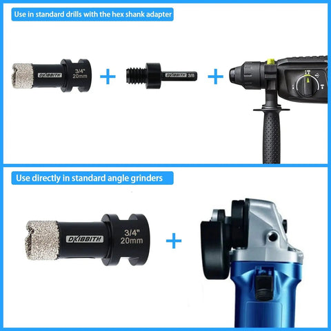3/4 Inch Dry Diamond Core Drill Bit For Tile Porcelain Ceramic Granite Brick Concrete With Vacuum Brazed Hole Saw And 5/8-11 To 3/8 Hex Shank Adapter By DKIBBITH For Grinders Ideal For Cutting Holes In Shower Plumbing And AC Installations, shown for use with drills and grinders.