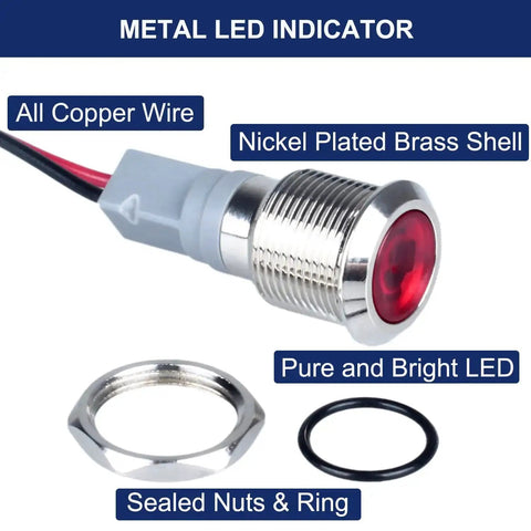 Five Pack 12mm LED Indicator Light 110 To 220 VAC Metal Shell Waterproof IP67 with red LED, nickel-plated brass shell, copper wire