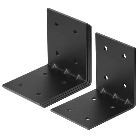 Four Pack Heavy Duty Black Steel L Reinforced Angle Brackets For Wood, 0.125 Inch Thick, 180 Lbs Max Load, Anti Rust Powder Coated, 11 mm Holes For Three Eighth Inch Bolts.