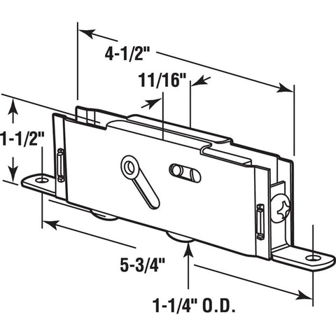 Diagram of Heavy Duty Sliding Patio Door Tandem Roller Assembly For Glass Doors, 1-1/4 Inch Steel Ball Bearing Rollers, showing dimensions.