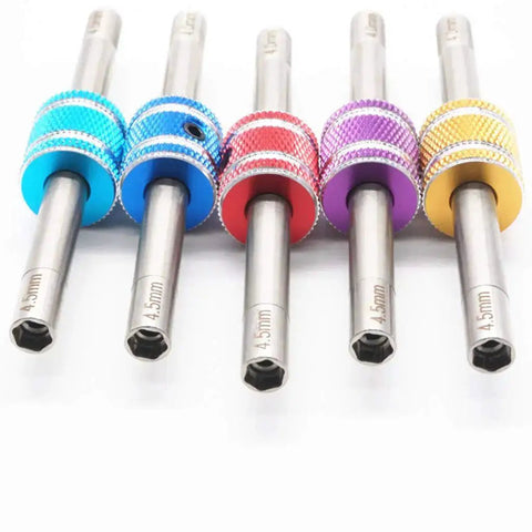 Colorful set of Mini 4WD Hexagonal Turnbuckles 4 To Four Point Five Millimeter Self Made Parts for Tamiya Pro Tool on display.