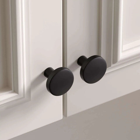 Matte Black Cabinet Knobs Set Of 5 1.27 Inch Round Drawer Pulls installed on white kitchen cabinet