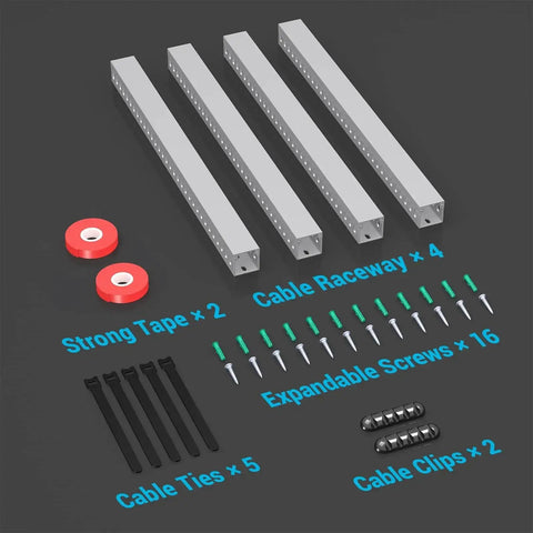Open Slot Cable Duct Kit 62.8 Inches Four Pack Cable Management Raceway For Under Desk Wires with tape, screws, ties, and clips shown.