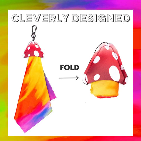 Animal Print Double Sided Microfiber Glasses Cloths Keychain Set 4 Pieces in mushroom-shaped holder, showcases folding feature.