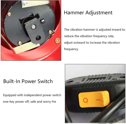 Close-up of Beefy Vibratory Tumbler Machine power switch and vibration hammer adjustment for jewelry polishing and metal parts.