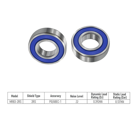 MR83-2RS miniature deep groove ball bearing, 3x8x3 mm, chrome steel, blue rubber seals, 2-pack