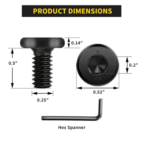1/4-20 Flat Head Hex Socket Cap Screws Bolts, 1/2 Inch Length, fully threaded, shown with dimensions and hex spanner