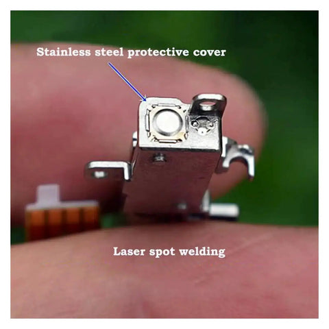 Close-up of High Precision 5mm Gearbox Stepper Motor With 8mm Stroke Linear Actuator showing stainless steel cover and laser spot welding