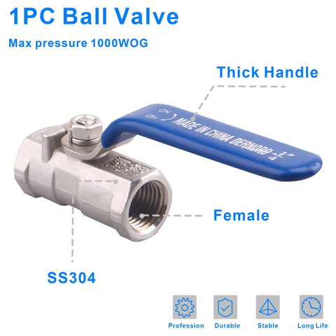 Stainless steel 1PC ball valve, 0.25 inch NPT, SS304 body, blue handle, female threads, pack of 2