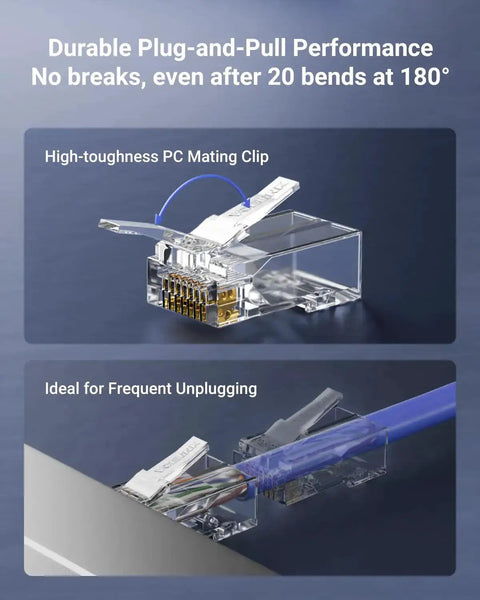 Durable Cat6 RJ45 Pass Through Connectors Kit With Storage Can For 10Gbps Ethernet Gold Plated Ends shown unplugged.