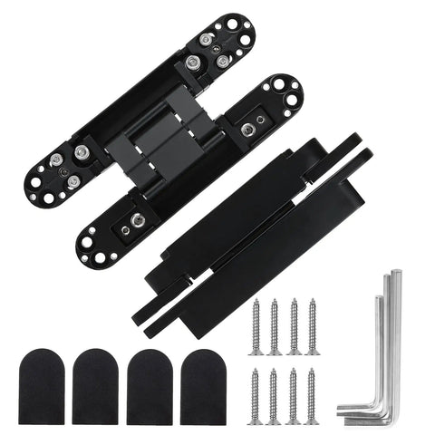 Two Pack 6 Inch Hidden Door Hinges Zinc Alloy Heavy Duty Concealed Hinge 180 Degree Swing 3 Way Adjustable Butt Hinge Black 6 X 2.5 X 1 Inches Fits 80lb Doors By MARNER, showing components and screws.