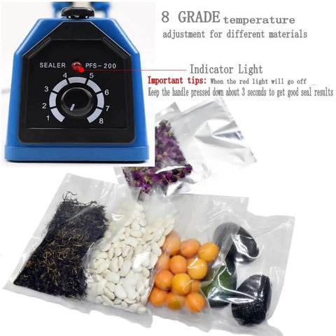Close-up of control panel on 16 Inch Impulse Heat Sealer For Plastic Bags Manual Bags Sealer Machine with sealed food bags.