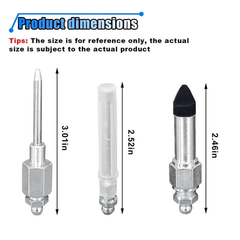 Pro Grade Grease Gun Needle Kit 7 Pieces With 5 Nipples 1 Needle Dispenser And 1 Rubber Joint Nipple for Tight Spaces dimensions