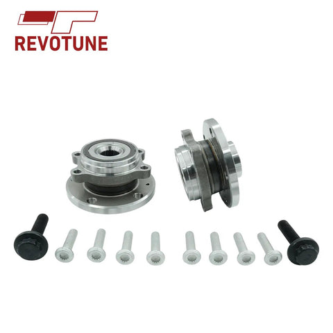 Two Front Wheel Bearing Hub Assemblies Compatible With Volkswagen Golf GTI Passat Jetta Beetle Eos CC R32 Rabbit And Audi A3 TT Quattro Q3 Models From 2005 To 2022 Drop In Front Hub Replacement Kit With Superior Fitment And Longevity Ready To Roll displayed with bolts and Revotune logo