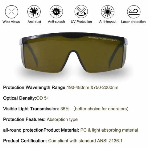 All Day Comfort Broad Spectrum Laser Safety Glasses Eye Protection OD 5 Plus For 190nm To 480nm And 750nm To 2000nm; front view