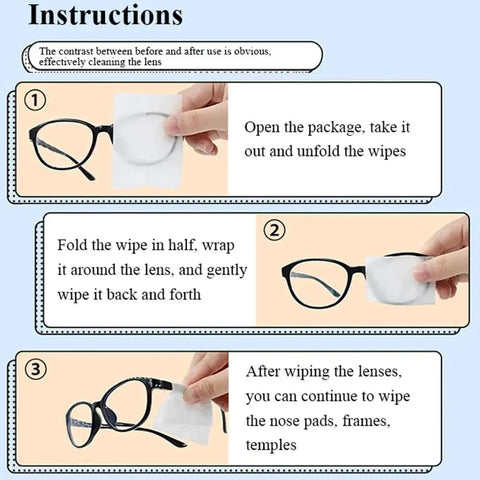 Instructions showing how to use Pocket Lens Cleaning Wipes for Glasses and Screens, Quick Dry Non Streak Pack to clean lenses.
