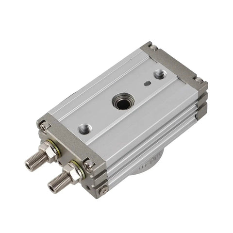 Pneumatic rotary actuator (rack-and-pinion), double-acting, 20mm bore, aluminum housing with mounting ports.