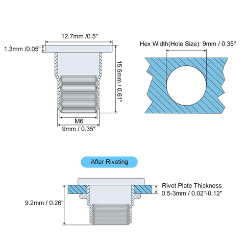 Technical diagram of M6 Half Hex Rivet Nuts For 304 Stainless Steel Flat Head Threaded Inserts, 60 Piece Pack, dimensions shown